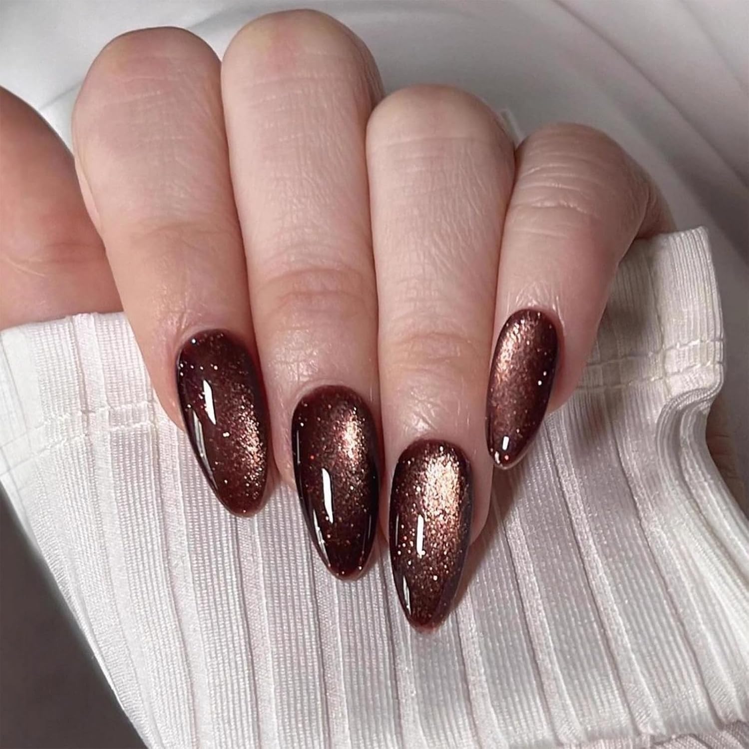 30Pcs Medium Almond Cat Eye Press On Nails - Glitter Bling