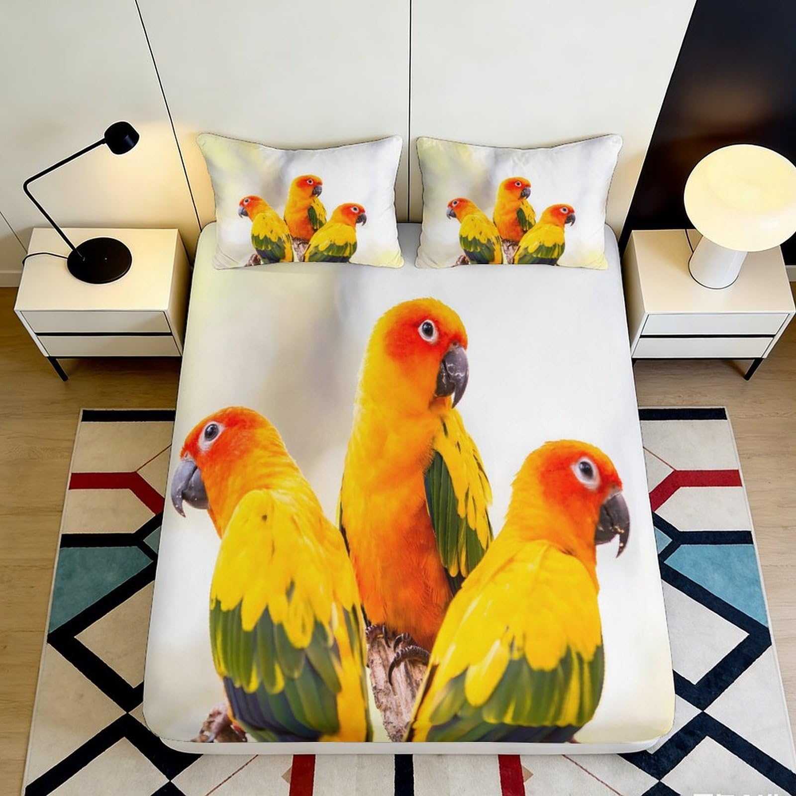 3D Printed Parrot Tropical Fitted Sheet Microfiber Soft Anti-Slip Bird Bed Cover for Bedroom Guest Dorm Mattress Protection Decor 90x200x25cm