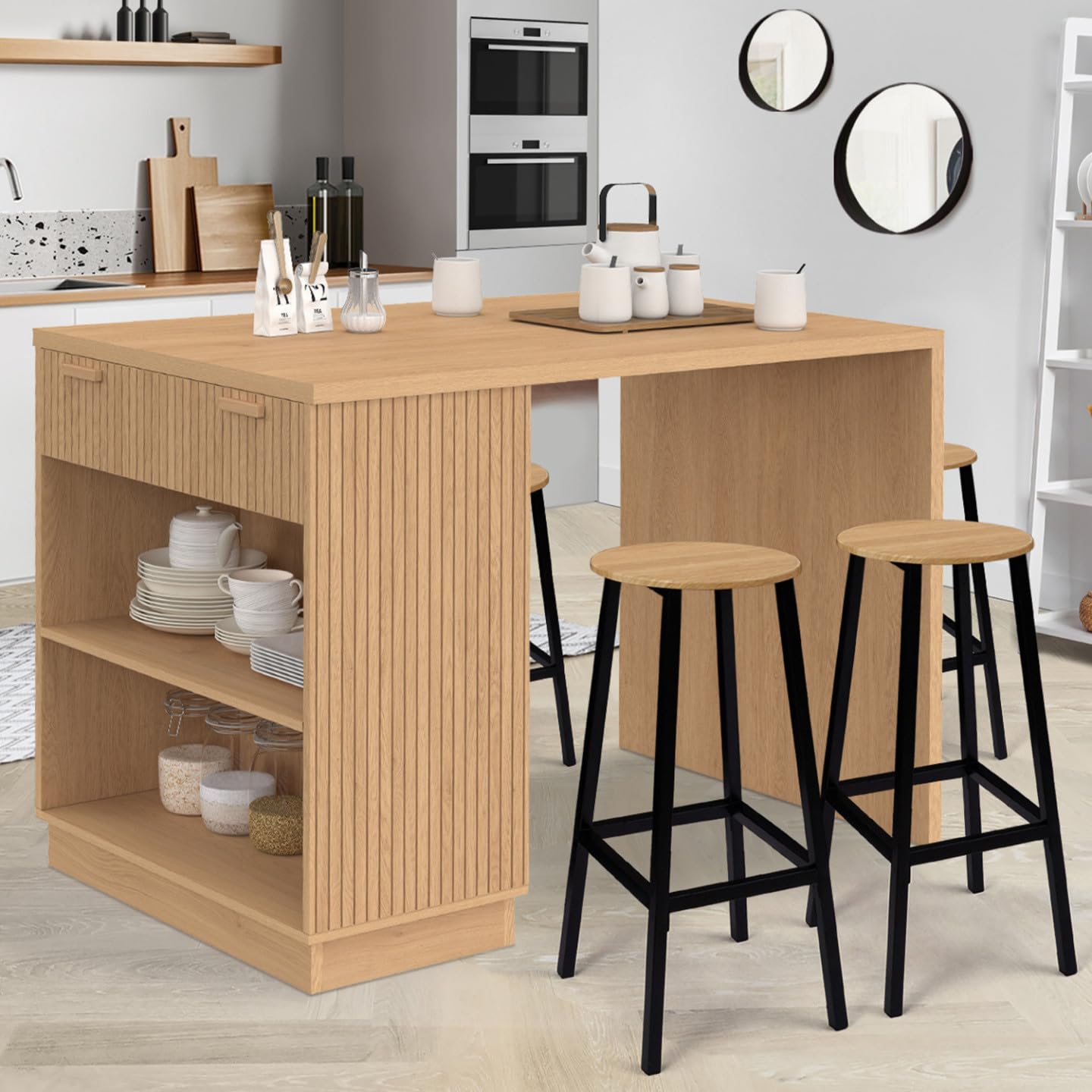 IDMarket - Ilot Central Mange-Debout 4 Personnes Juliette 130 cm Lattes tasseau Bois Coloris chêne