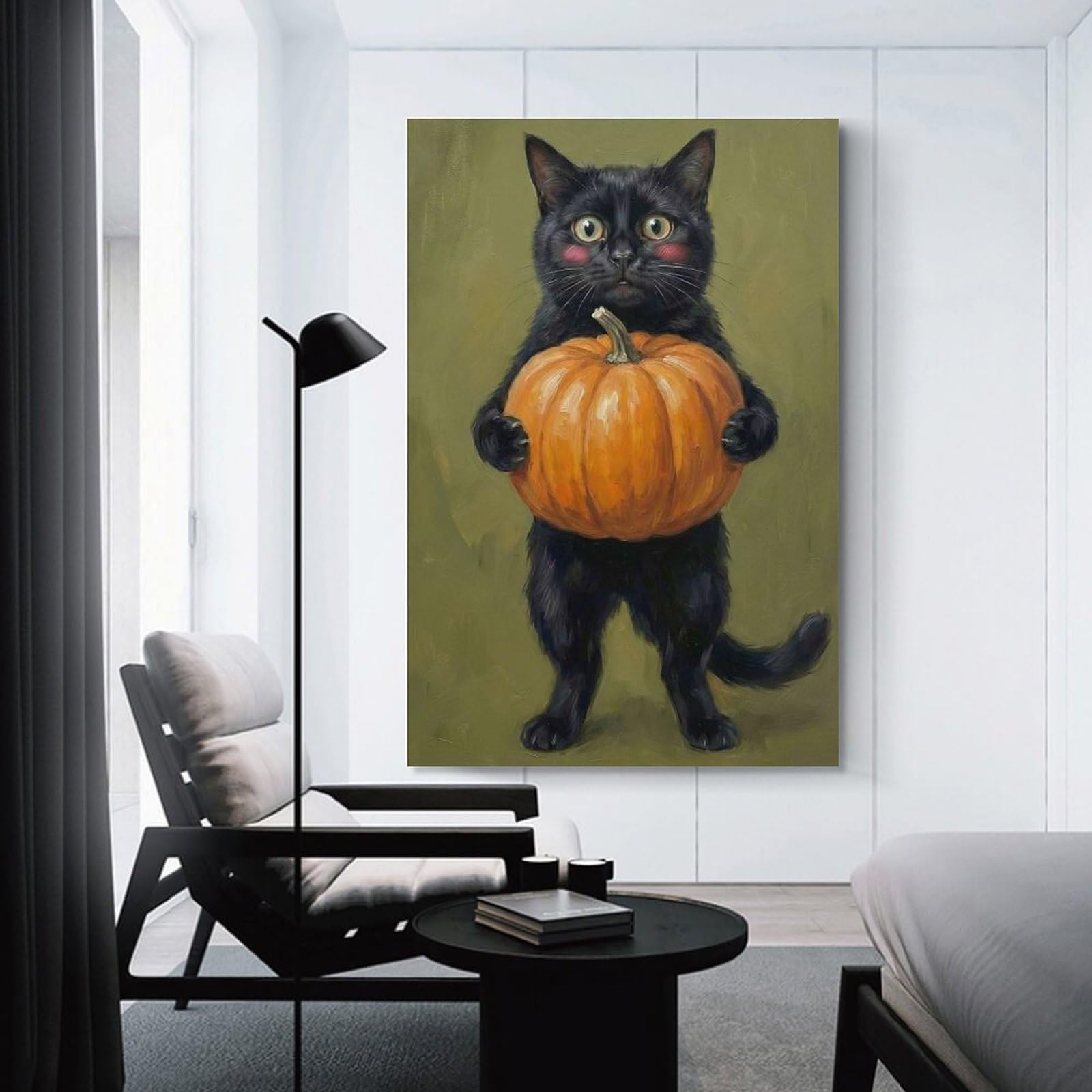 Junmoney Unframe-Style-10 Black Cat Holding A Pumpkin Wall Art Print, 08X12inch(20X30cm), For Living Room, Bedroom, Office Or Hallway, A Flexible Wall Accent For Shared Spaces