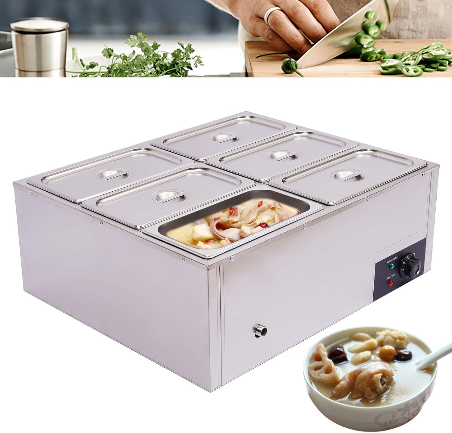 6 Pot Commercial Food Warmer 110V Buffet Food Warming Tray, 850W Countertop Electric Table Steamer Stainless Steel Soup Pot 30 to 85° Adjustable 6-Pan Food Warmer for Catering, Restaurants: Industrial & Scientific