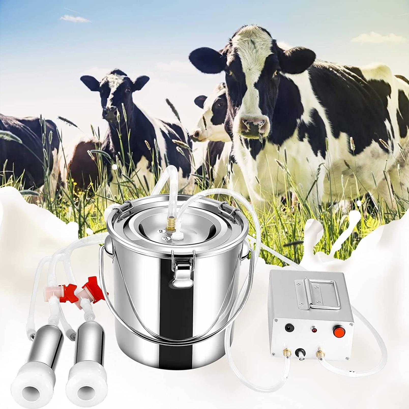 Sjdopulse Automatic Portable Livestock Milking Equipment, Electric Goat Milking Machine For Cows Sheep Portable Pulsation Milking Machine Single Bucket Piston Vacuum Pump, 5L