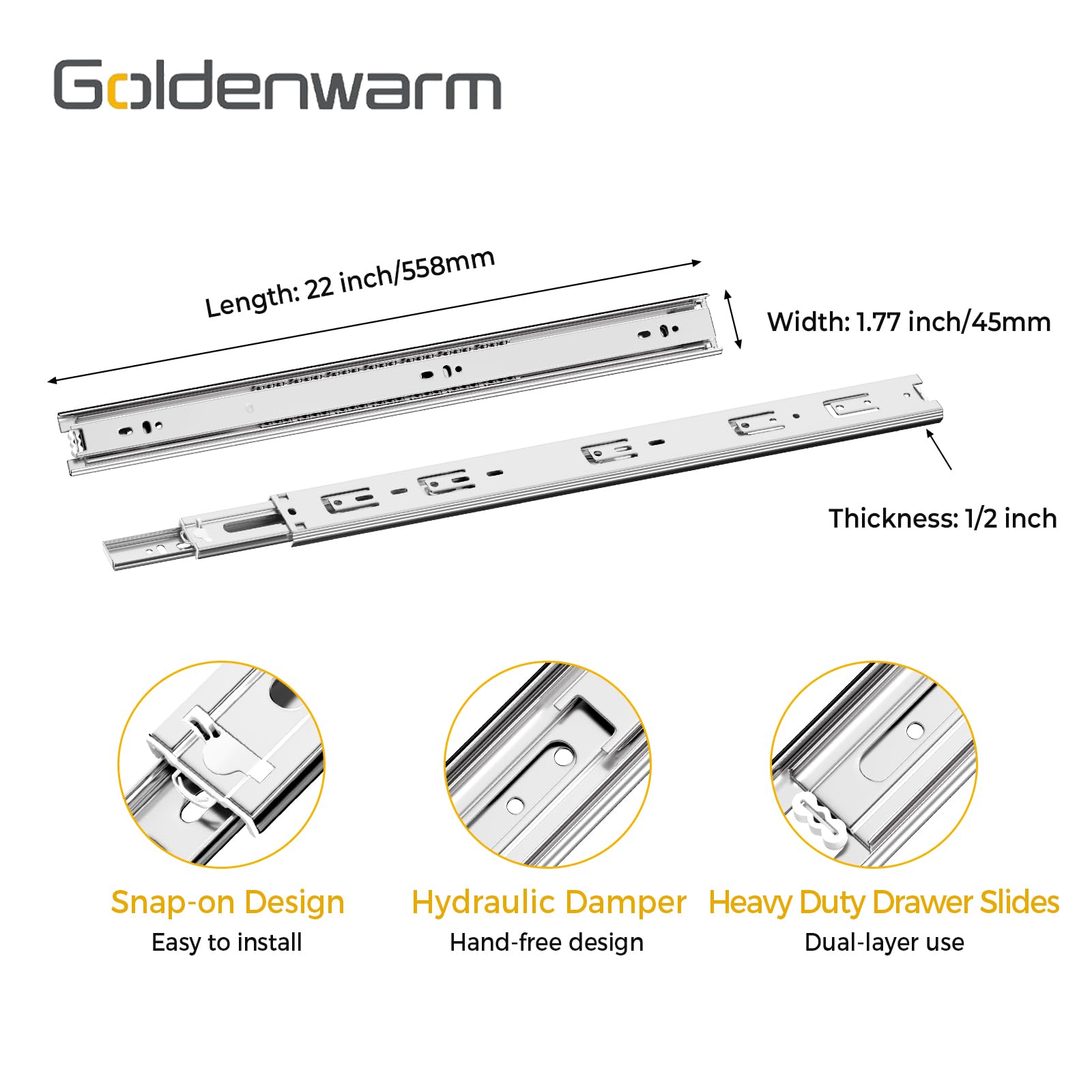 goldenwarm 1 Pair Metal Silver Drawer Slides 22 Inch, Side Mount Ball Bearing Full Extension Glides for Dresser, Tool Box, Trash Can, and Kitchen Cabinets, Heavy Duty 100 LB Capacity