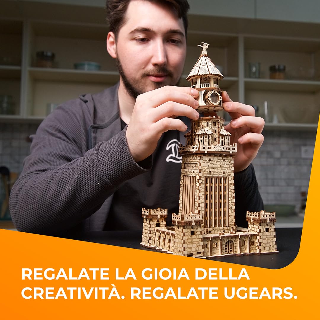 Ugears Faro di Alessandria 3D Puzzle - Kit Fai Da Te per Adulti 3D Puzzle in Legno per Adulti con LED Notturno - Kit di Modelli da Costruire Artigianato Puzzle in Legno Regalo Perfetto - 340 Pezzi