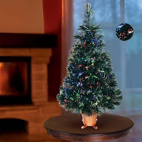 Miniatura 5 de Árbol de Navidad artificial preiluminado de 32 pulgadas de fibra óptica con luces de efecto estrellado en maceta base de copo de nieve dorado (verde)