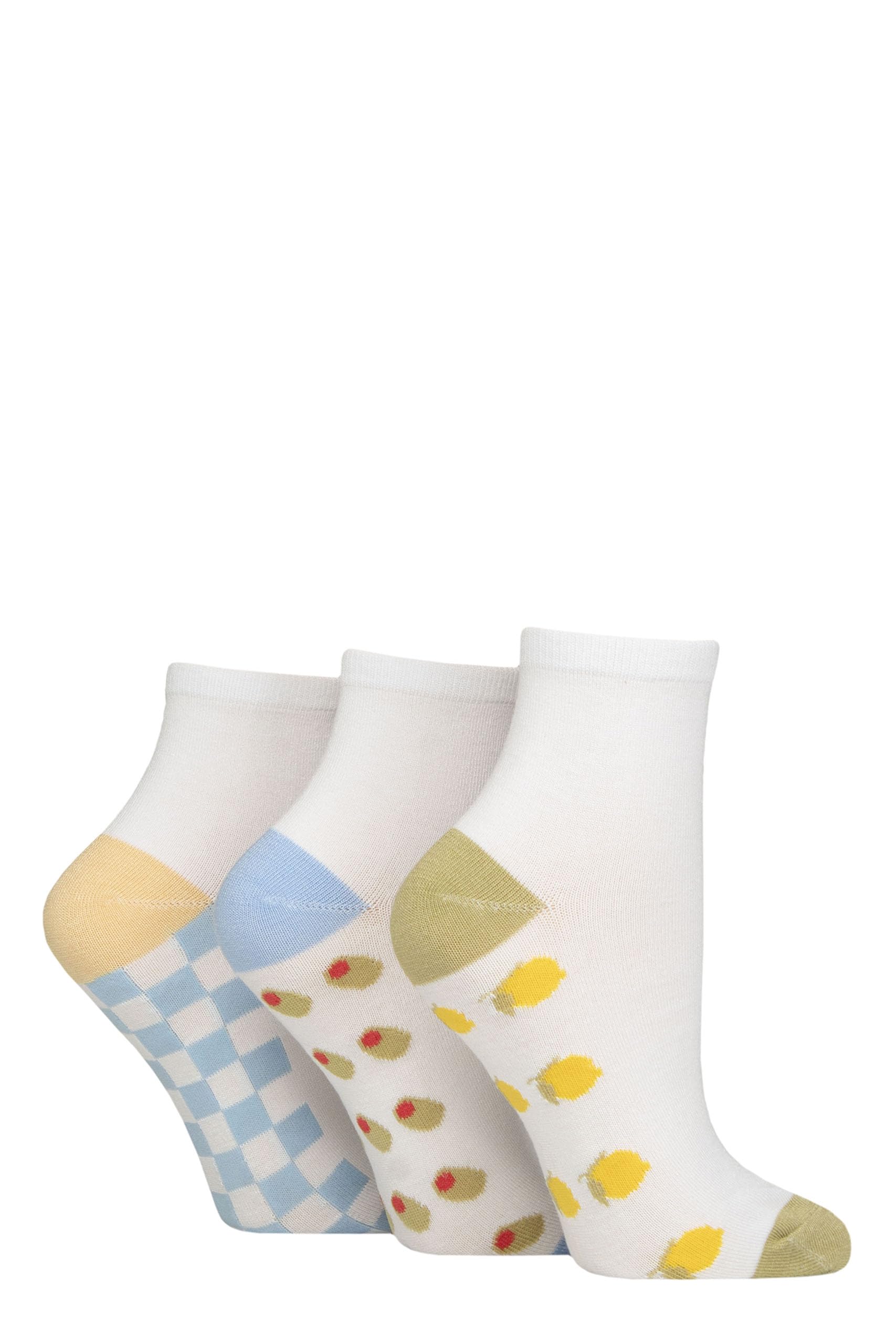 Sockshop Women's Patterned Sole White / Sicilian Lemon Bamboo Ankle Socks - Plain, Patterned, Striped, Floral, Colourful, Smooth Toe Seams 3 Pairs Size 4-8 (Uk, Numeric, 4, 8, Regular, Regular, Patterned Sole White/Sicilian Lemon)