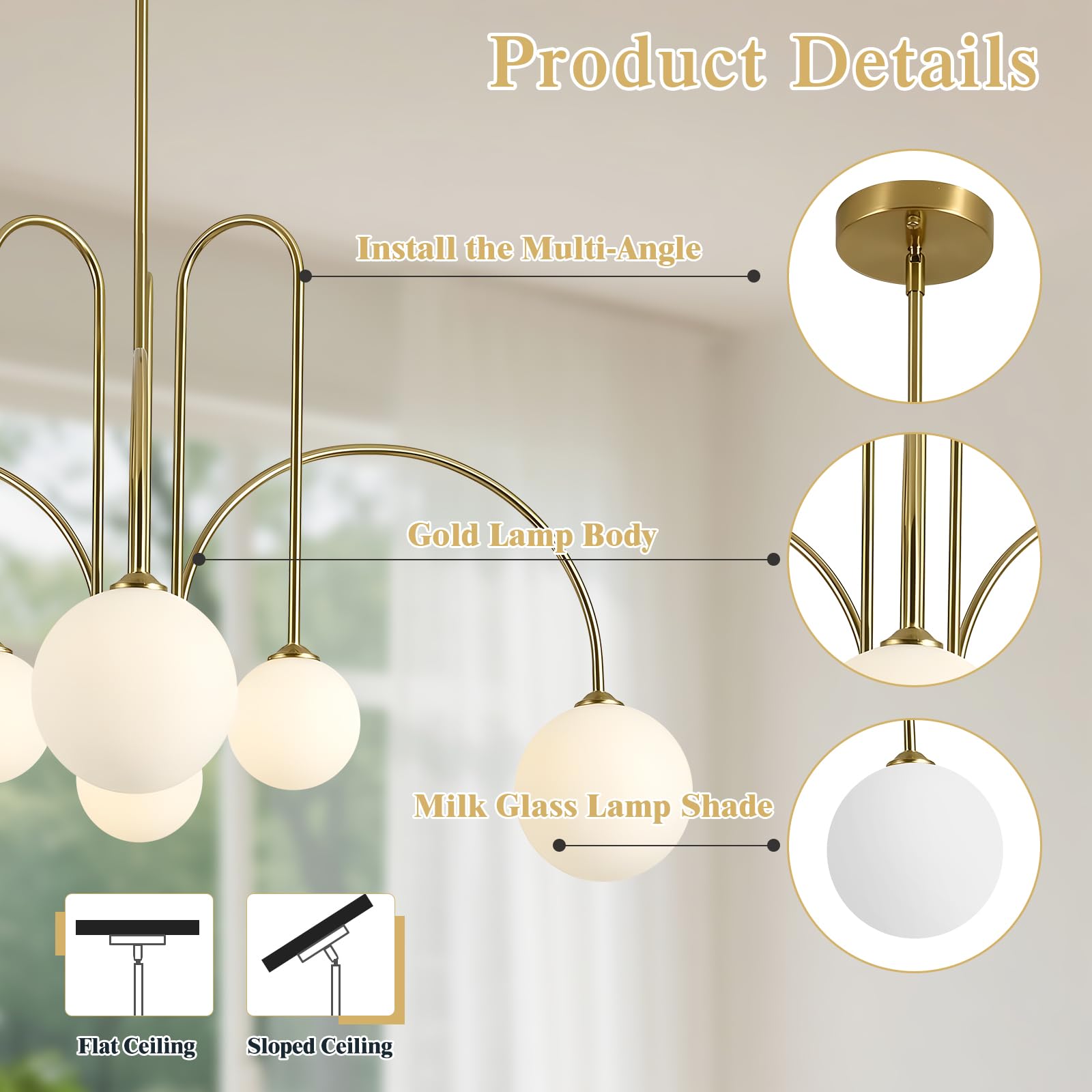 KCO Lighting Lámpara de Techo Sputnik con Esferas de 6 Luces para Salón, Dorada con Esferas de Cristal, Diseño Moderno para Comedor, Dormitorio, Recibidor y Cocina