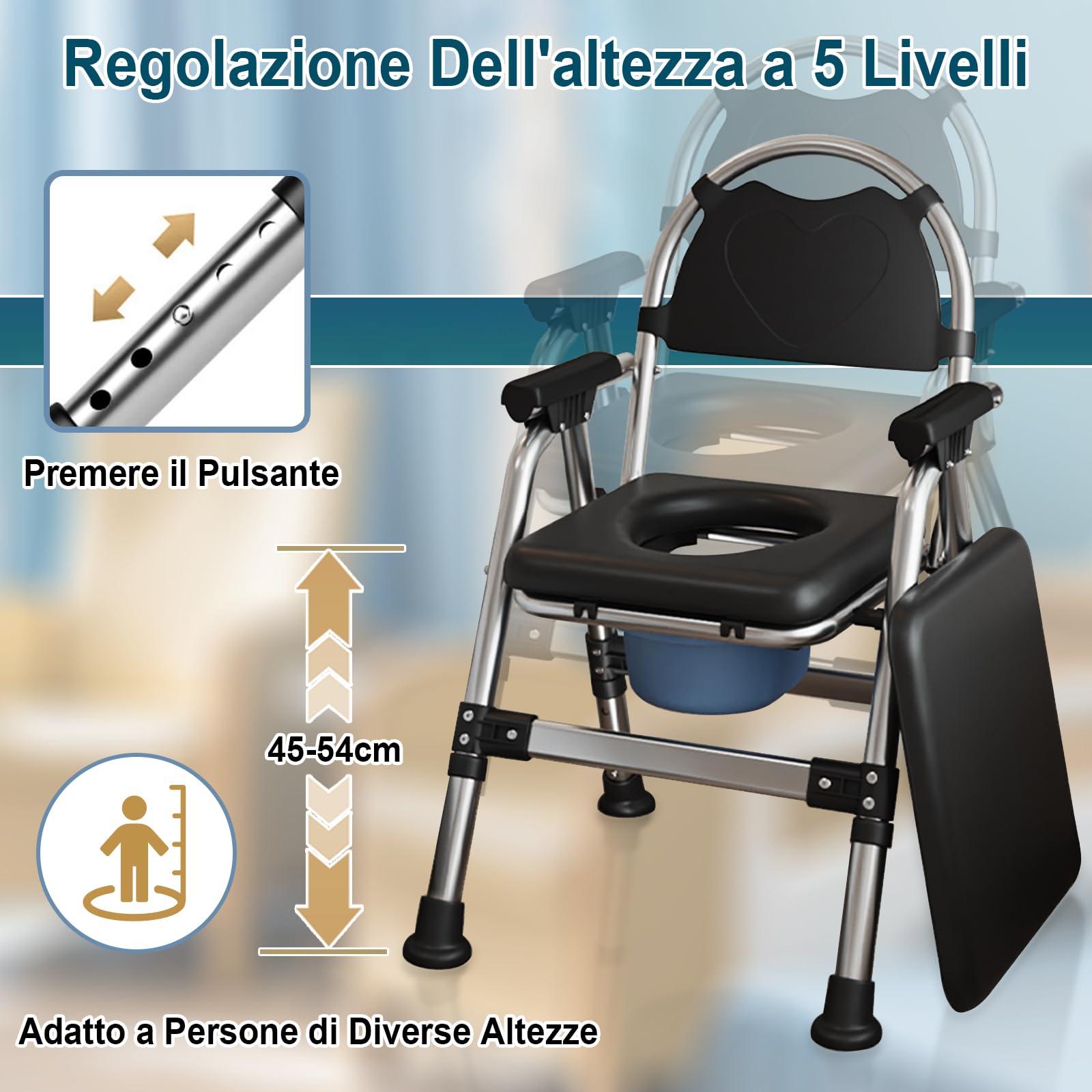 Sedia Comoda WC per Anziani Pieghevole, Regolabile in Altezza Sedia WC con Imbottito e Secchio Rimovibile, Antiscivolo Sedia per Doccia Portata Fino a 200 kg per Disabili, Donne in Gravidanza
