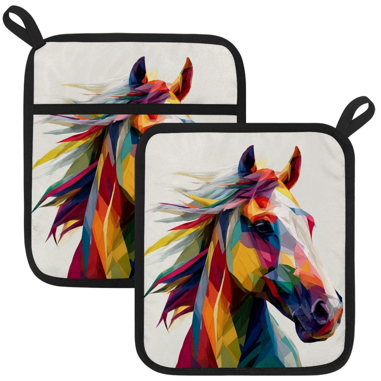 VAPOKF Abstract Horse Pot Holders with Pocket for Kitchen Heat Resistant Potholders Large Polyester-Cotton Square Oven Mitts Set