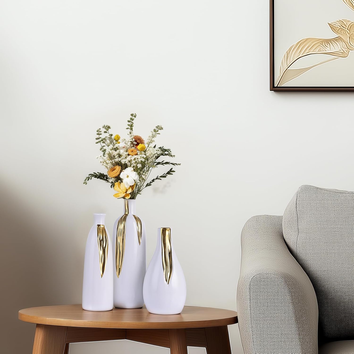 White and Gold Vase Set of 3, Modern Ceramic Decorative Vases for Living Room, Bedroom, Art Decor, Mantle, Home Event Decor, Office Decorative, Weddings, Rustic & Farmhouse (White Gold)