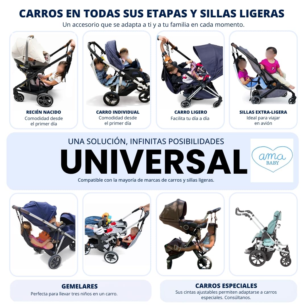 Hamaca Carro Bebé 2 en 1 - Asiento Extra Hermano Mayor - La Solución para Dos Niños - Alternativa a Patinete - Niños 2 a 6 Años Max.20 kg - Fabricada En España - Incluye Pañalera multiusos | Un lugar donde descansar para el hermano mayor