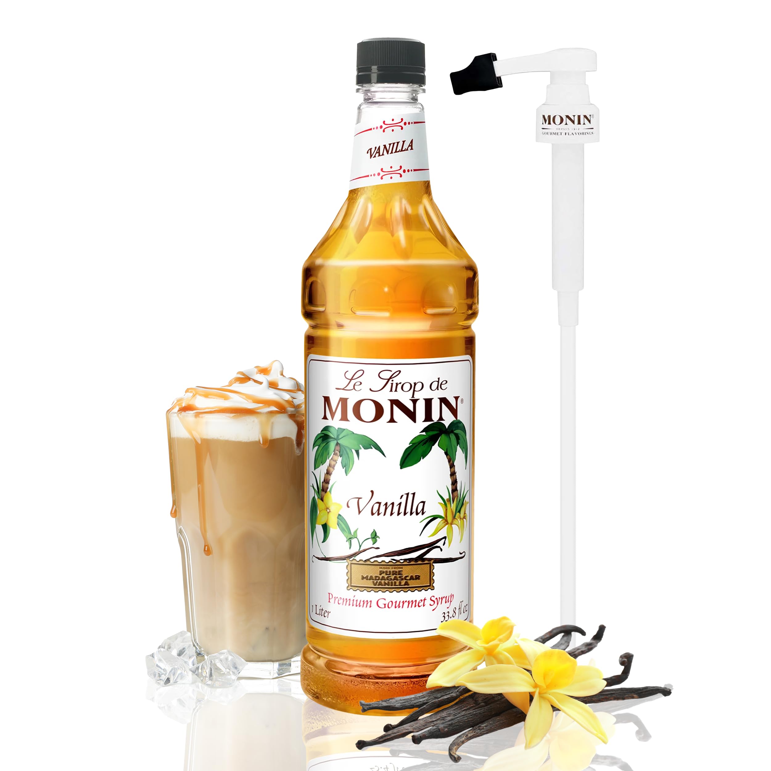Vanilla Syrup with Monin BPA Free Pump, Boxed, Versatile Flavor, Great for Coffee, Shakes, and Cocktails, Gluten-Free, Non-GMO (1 Liter)