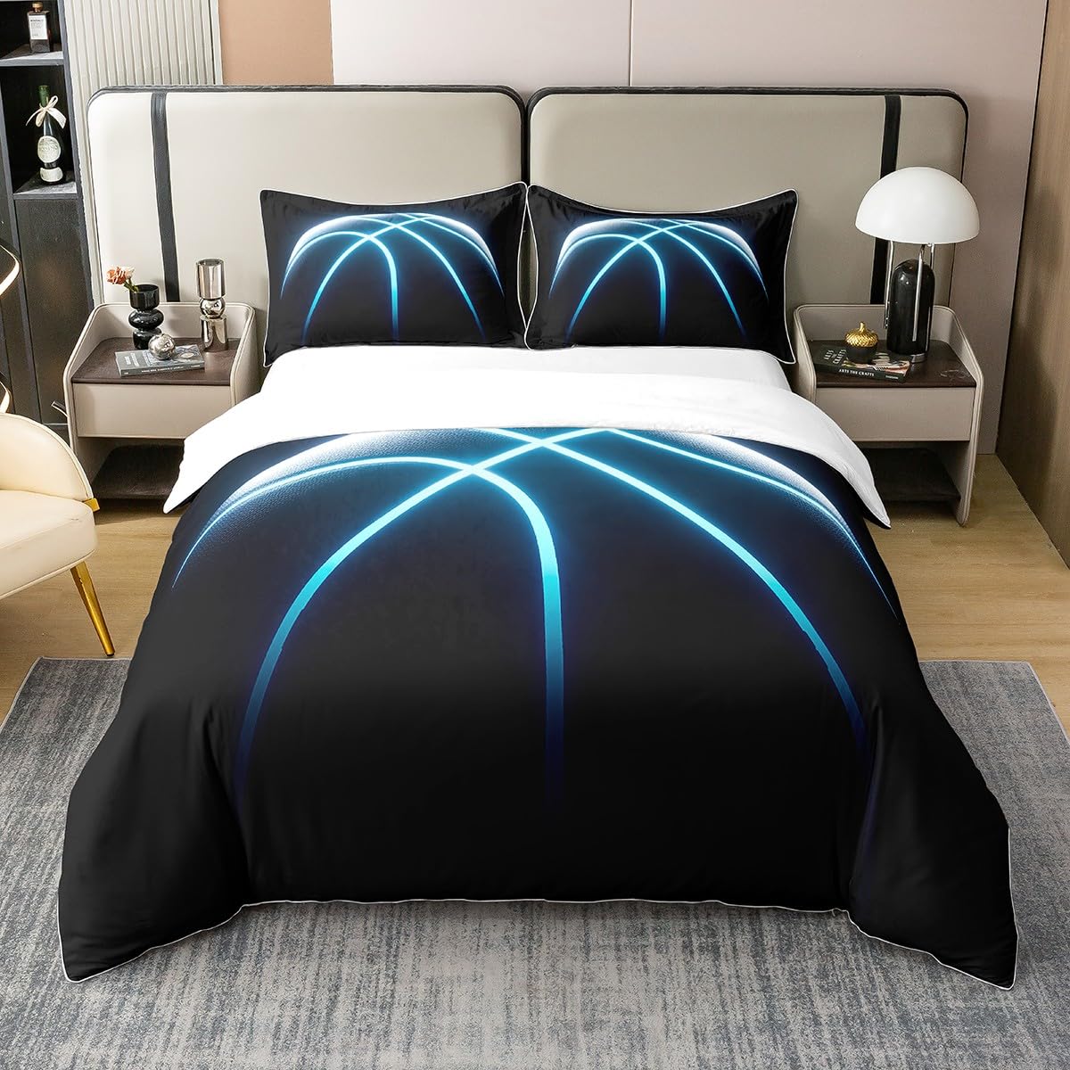 Homewish 100% Natural Cotton Basketball Comforter Cover for Boy Young Man Sports Game Theme Duvet Cover Double Blue Lines Stripes Neon Lines Bedding Set Basketball Court Player Quilt Cover Black 3Pcs — image 1