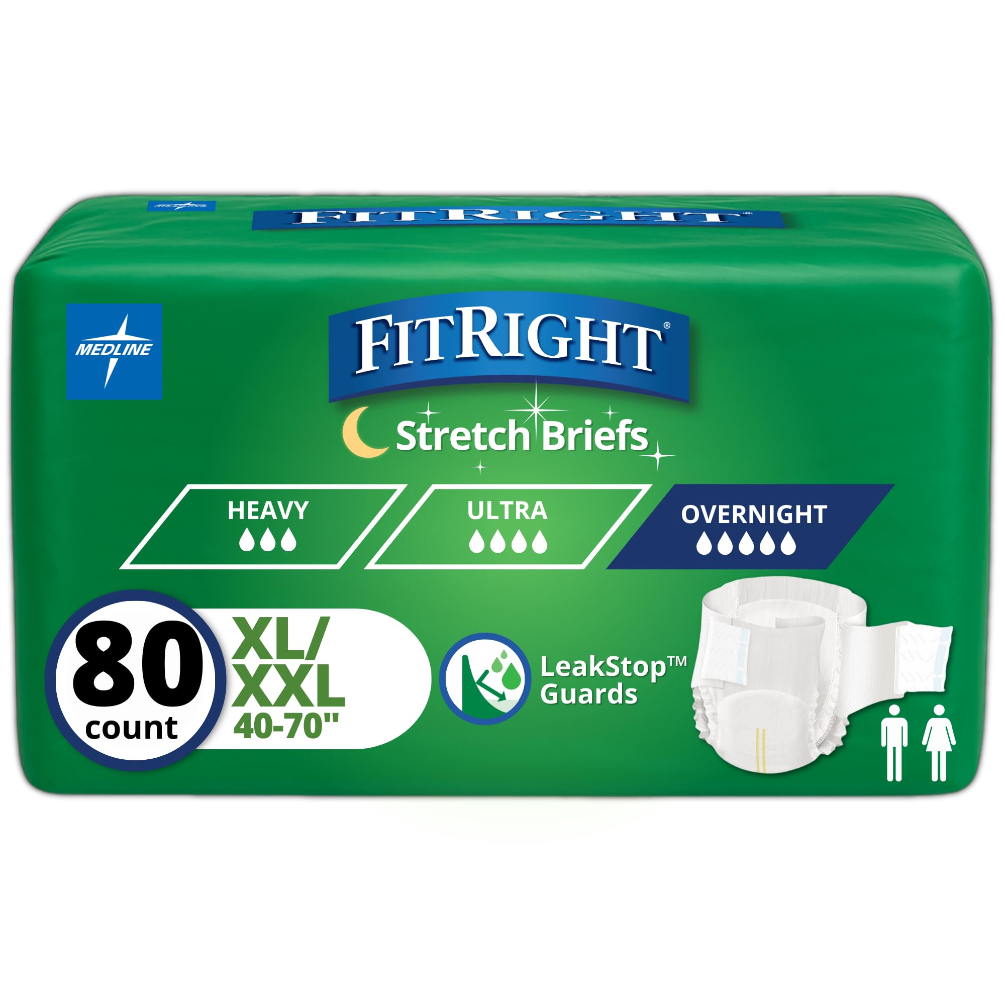 FitRight Extended Wear Stretch Brief, Overnight Absorbency, Size 2, 40 to 70" Waist, 20 Count (Pack of 4)