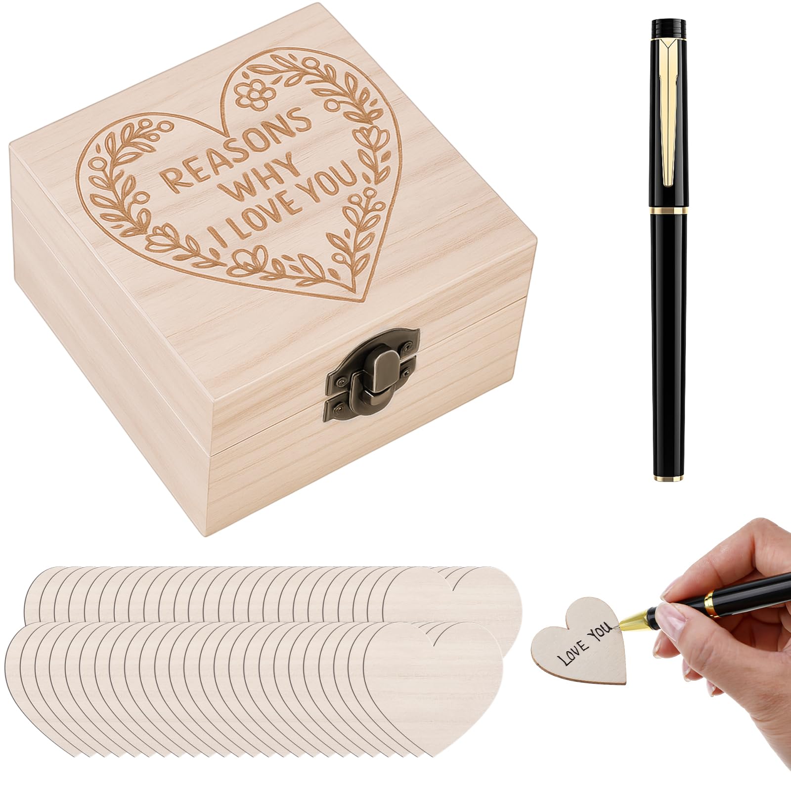 Fiwochic 50 Pcs Blank Love Wood Chip Boxes Reasons Why I Love You Anniversary Valentine's Day Gifts for Engagement Wedding Registry Romantic Gifts for Husband Wife Christmas Anniversary