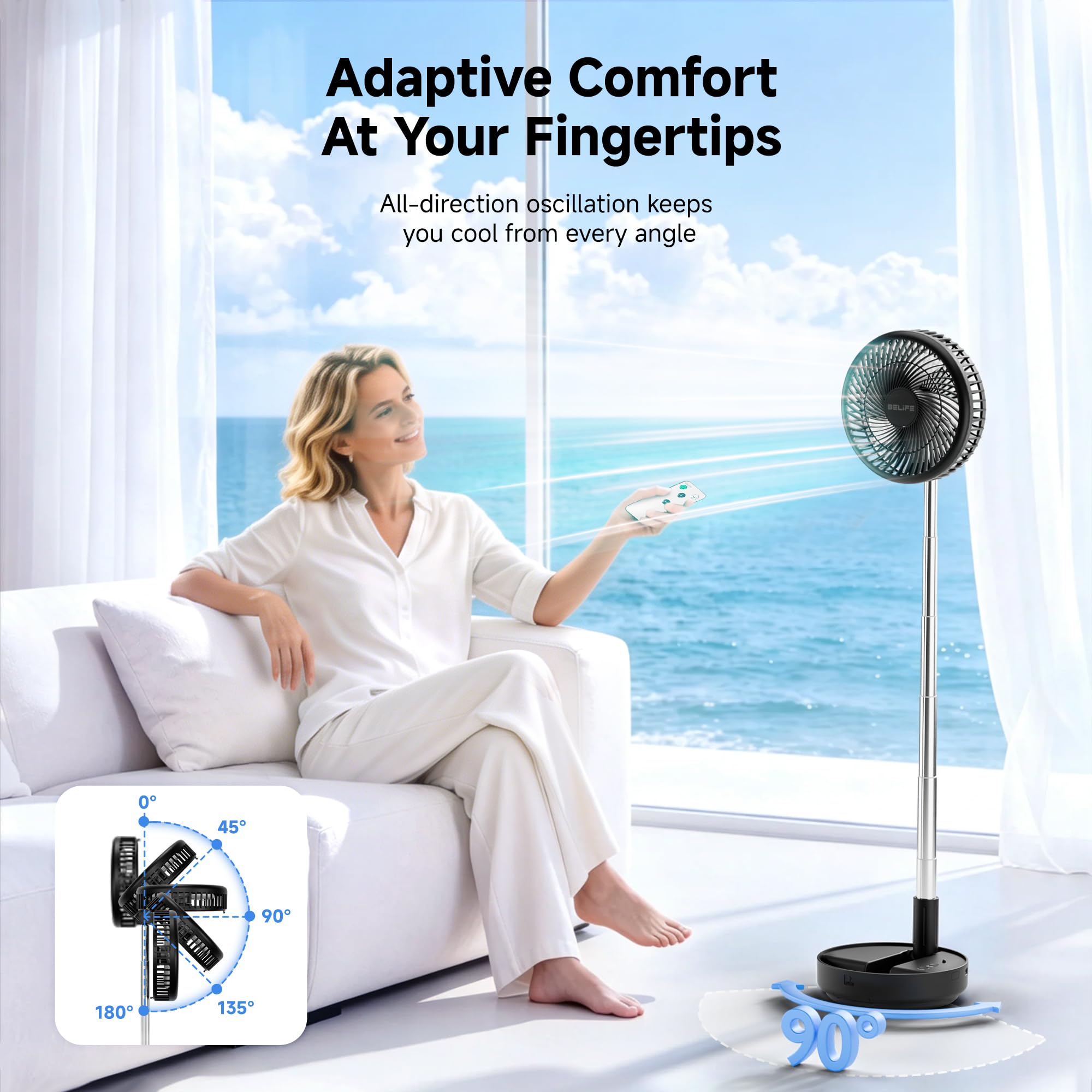 Belife Ventilador portátil X8, ventilador inalámbrico que funciona con pilas, ventilador oscilante recargable de 7200 mAh, control remoto y ventilador telescópico plegable (negro)
