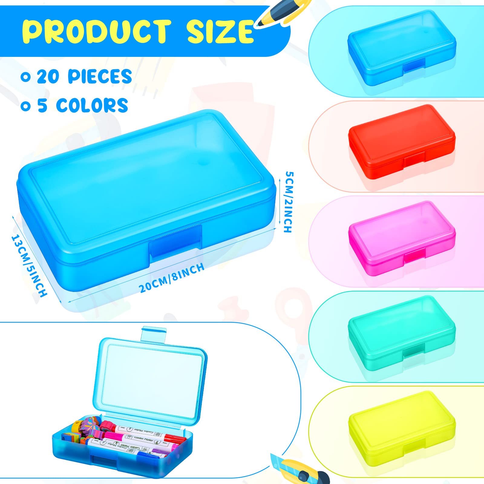 Zhehao 20 astucci in plastica trasparente per matite per bambini, multiuso, in plastica rigida colorata, per ufficio, organizer per pennelli e matite, 5 colori