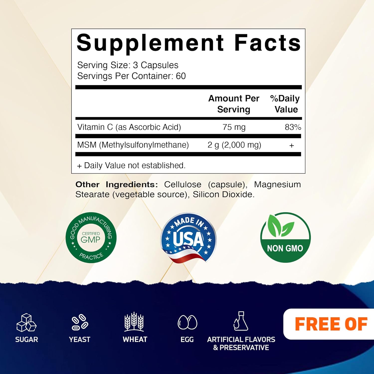 Vitamatic MSM 2000 mg with Vitamin C 75mg per Serving - 180 Veg Capsules - Vitamin C Aid in Better absopriton of MSM (Methylsulfonylmethane) - Non-GMO & Gluten Free - Image 2