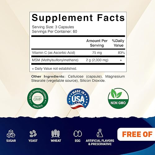 Miniatura 2 de Vitamatic MSM 2000 mg con vitamina C 75 mg por porción, 180 cápsulas vegetales, ayuda de vitamina C en un mejor absopritón de MSM