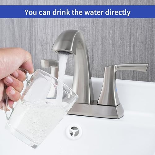 Miniatura 2 de VXV Grifo de baño de níquel cepillado, 2 manijas de arco bajo, grifos de lavabo de baño de 4 pulgadas con drenaje emergente y líneas de suministro