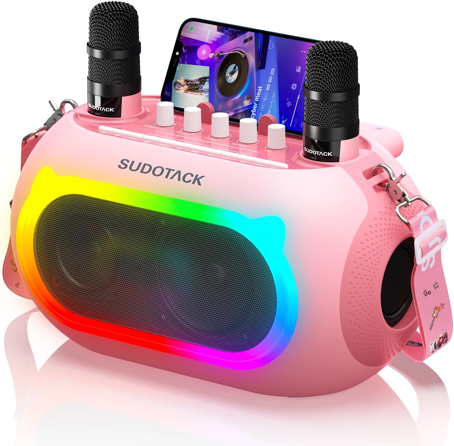 SUDOTACK Karaoke Machine with 2 Wireless Microphones, Portable Bluetooth Speaker with Bass/Treble Adjustment, PA System with LED Lights, Supports TF Card/USB, AUX in, Rec for Party Pink