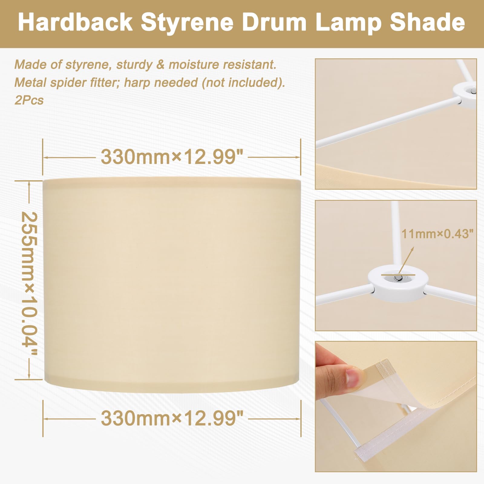 Paralume a tamburo con retro rigido, set da 5 pezzi, 33 x 33 x 25 cm, colore: beige