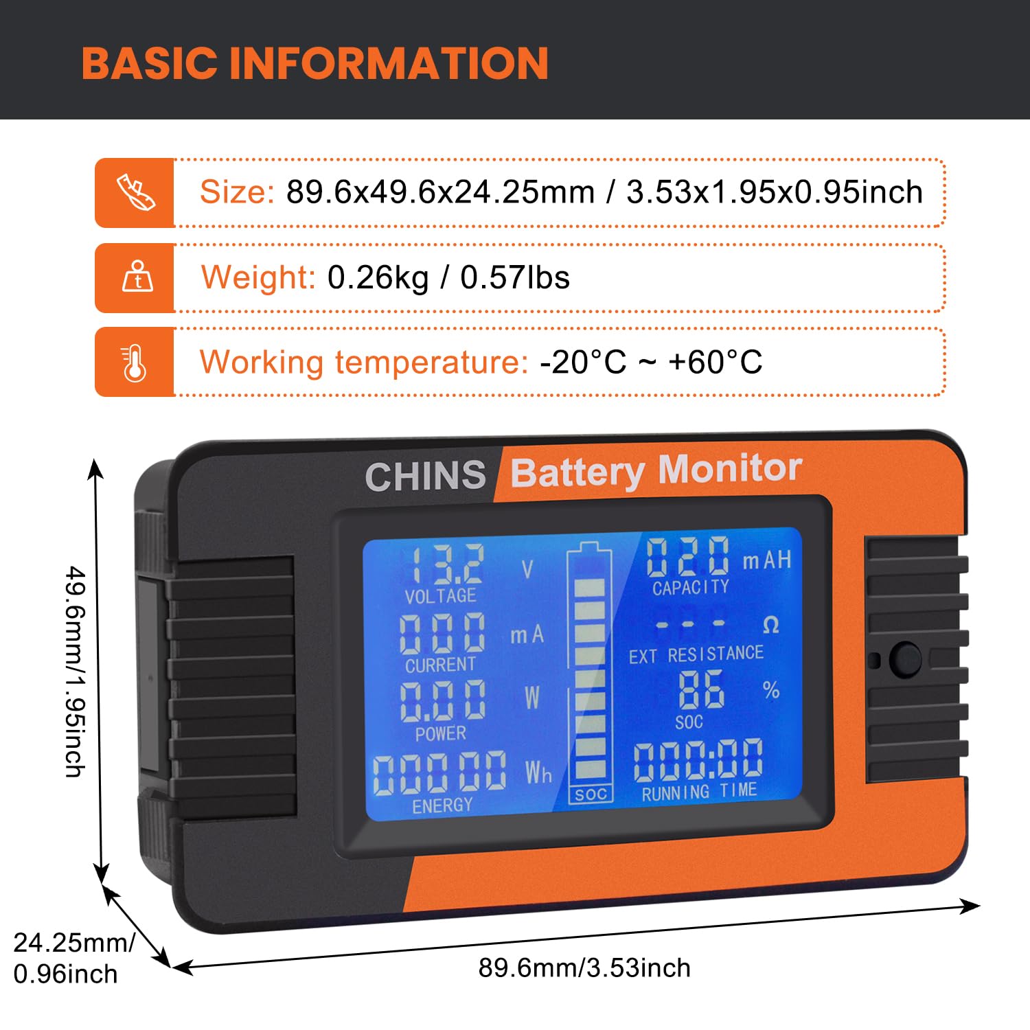 CHINS Monitor with Shunt for Golf Cart, RV, Solar Panel Battery, Widely Applied to 12V/24V/36V/48V Battery, LCD Display Digital Current Voltage Solar Power Meter Multimeter Ammeter Voltmeter