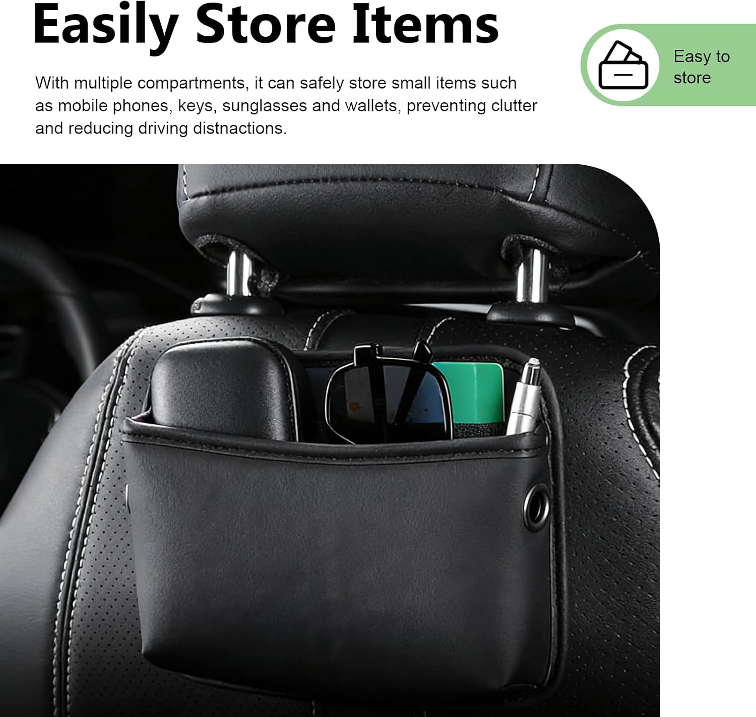 2 PCS Car Seat Side Storage Pocket, Leather Self-Adhesive Car Seat Storage Pouch, 5.94" x 7.44" Multifunctional Convenient Auto Organizer Bag for Phone Keys Sunglass & Wallet (Black)
