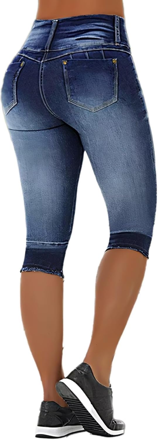 Flamingals Women's Distressed Mid Waist Skinny Jeans Stretchy Button Raw Hem Fall Trendy Denim Capris