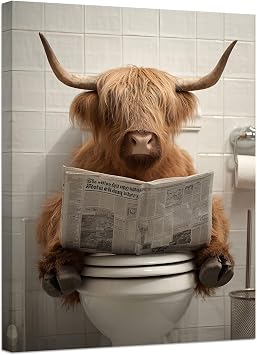 Halioyo Highland Cow Wall Art for Bathroom, Funny Animal Wall Decor, Modern Farmhouse Canvas Print, Scottish Cattle Painting for Living Room Bedroom Hallway Home Decor12x16 inches