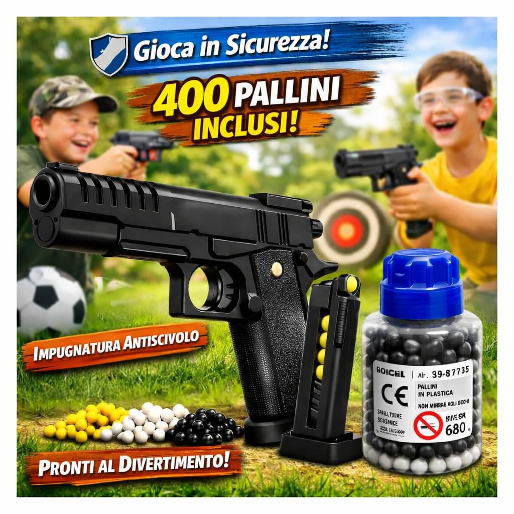 Pistola a sfera da 22 cm per bambini con biberon 400 sfere – Gioco di tiro