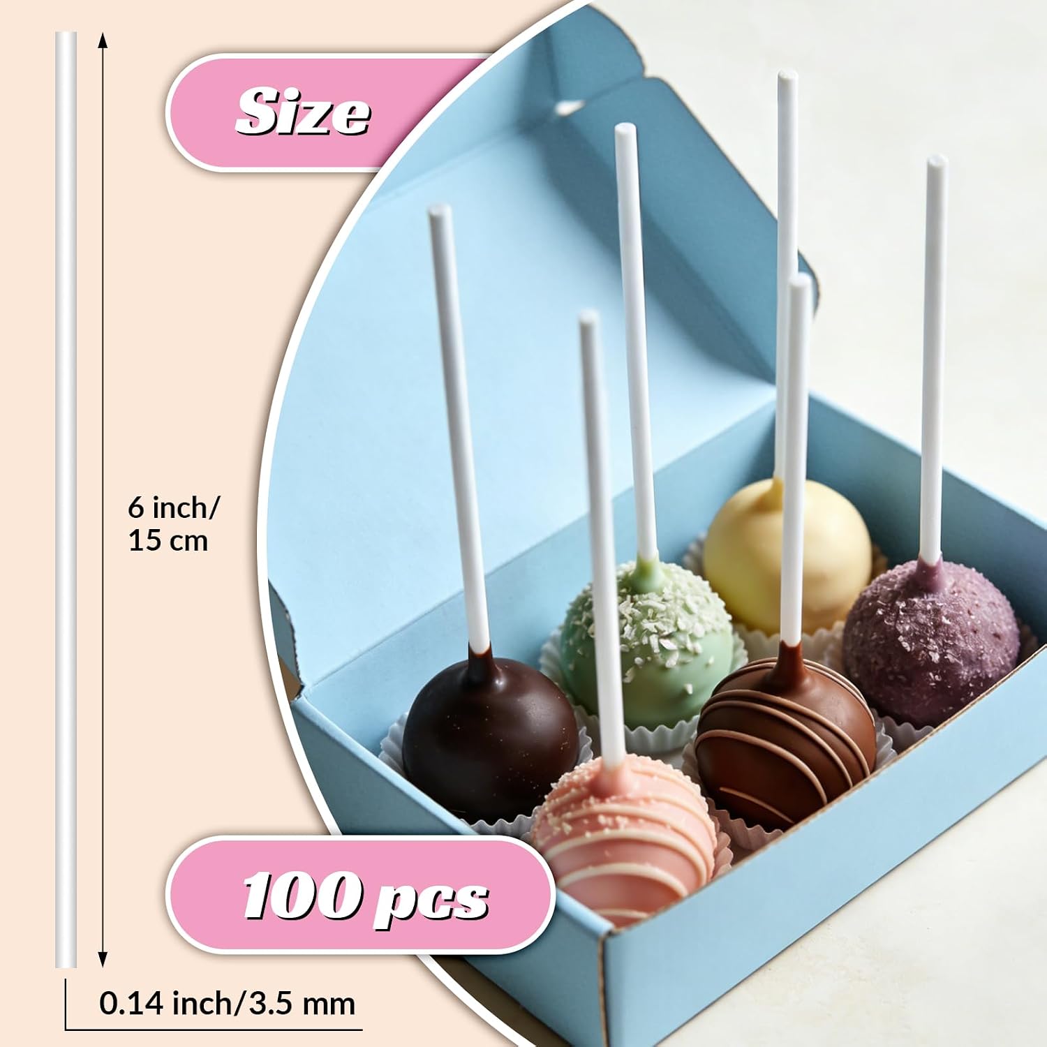 EcoDispose 100 Pcs 6 Inch White Paper Lollipop Sticks, Dia 3.5 mm