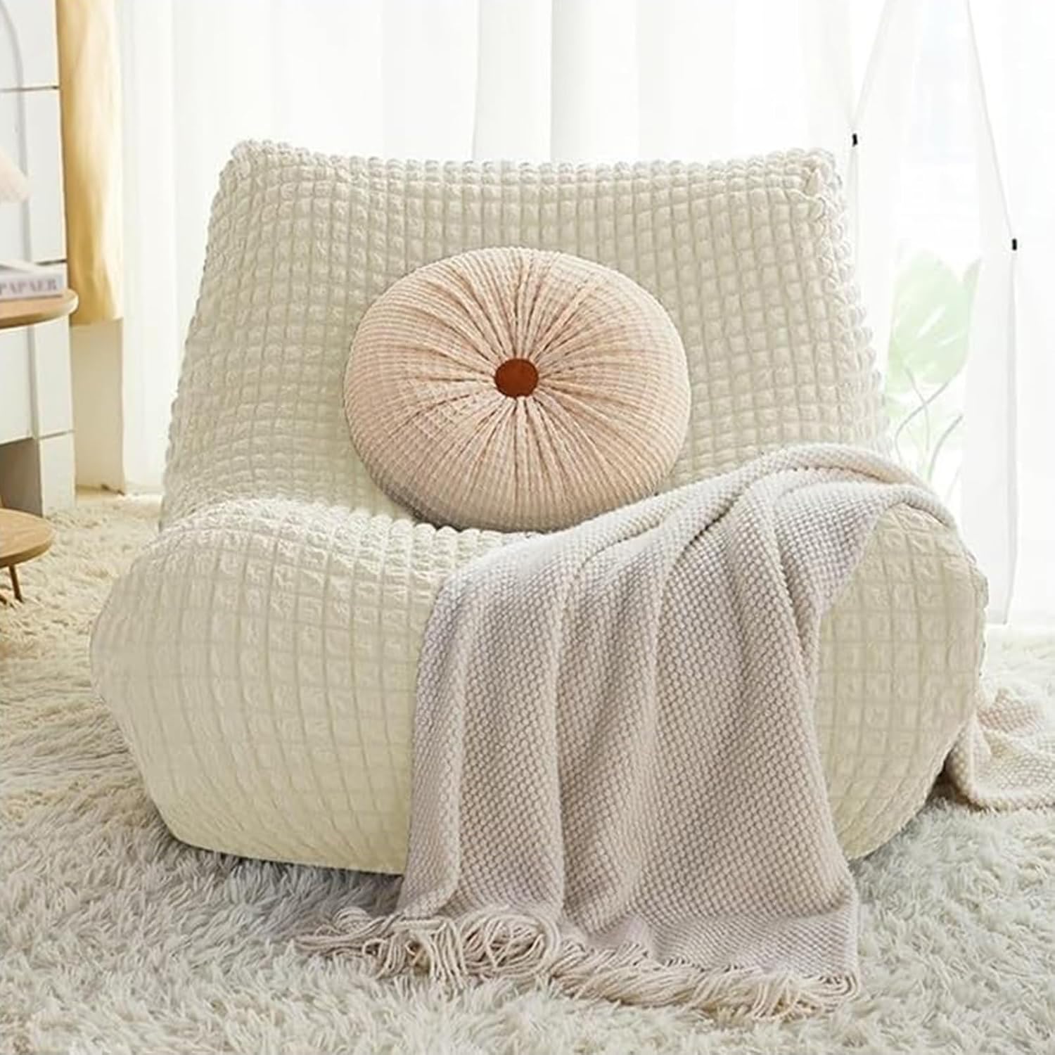 TANGHULU Stretch Fireside Chair Cover, Armless Chaise Lounge Slipcover Lazy Floor Couch Furniture Protector Bean Bag Cover with Elastic Bottom for Living Room Bedroom(Cream)