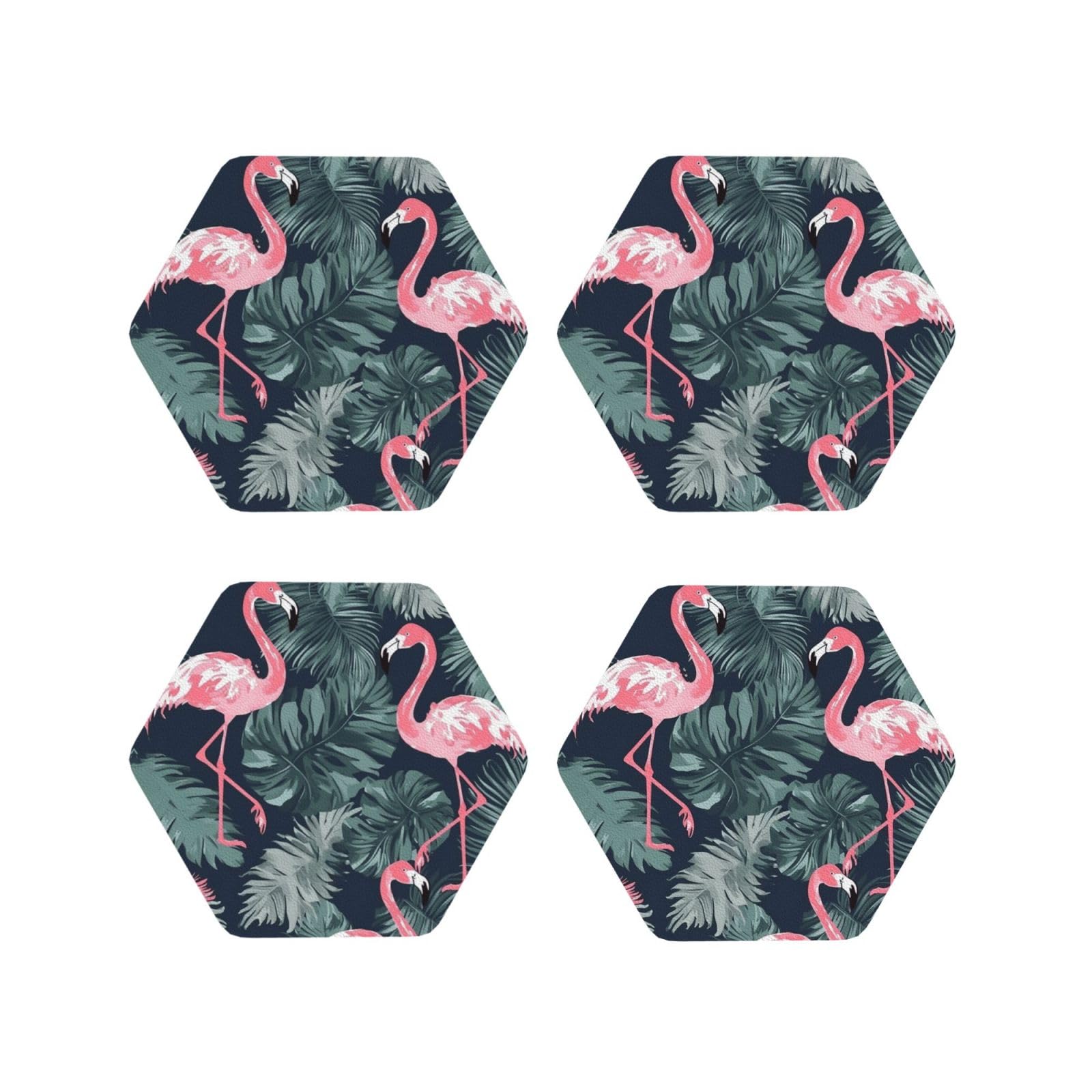 4pcs Drink Coasters for Tabletop Protection, 4" Leather Coasters for Drinks, Flamingo and Leaves Cup Coasters for Coffee Table Decor, Non-Slip Drinking Cup Mat for Hot Or Cold Drink