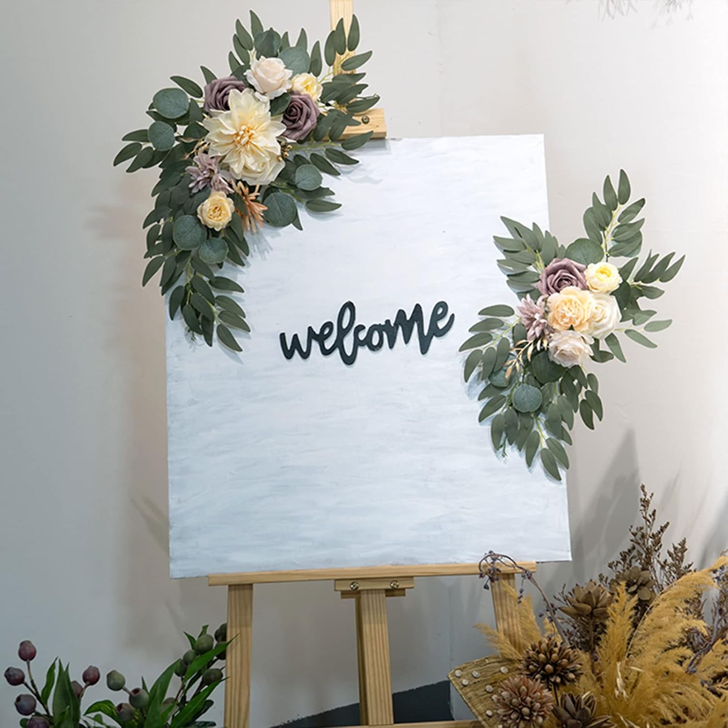 Artificial Wedding Arch Flowers Set of 2, Rose Flower Swag Arrangements DIY Greenery Floral Swag for Wedding Reception Backdrop Table Decorations Welcome Sign