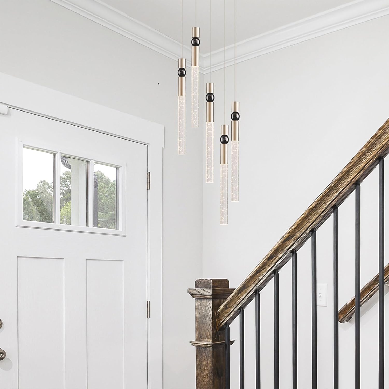 JoollySun 5-Light Cluster Pendant Lighting: Crystal Chandelier with Dimmable LED for Kitchen Island Dining Room - Brushed Nickel