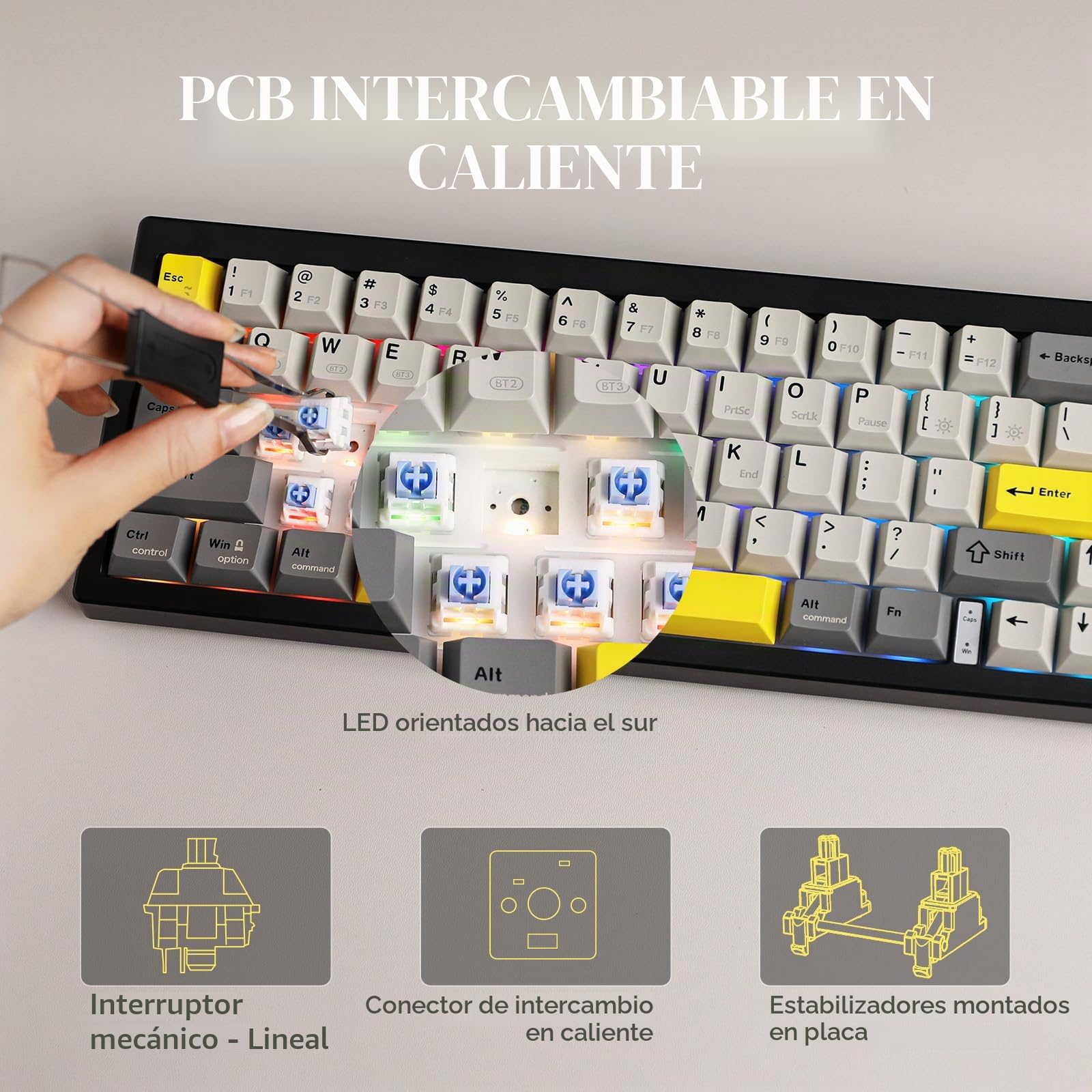 MechLands AK650 65% Gasket Teclado Mecánico, 3 Modos Teclado Inalámbrico para Juegos con Pantalla TFT de 0.85'' y Perilla, Hot Swappable, Batería de 5000mAh, RGB (Gris)