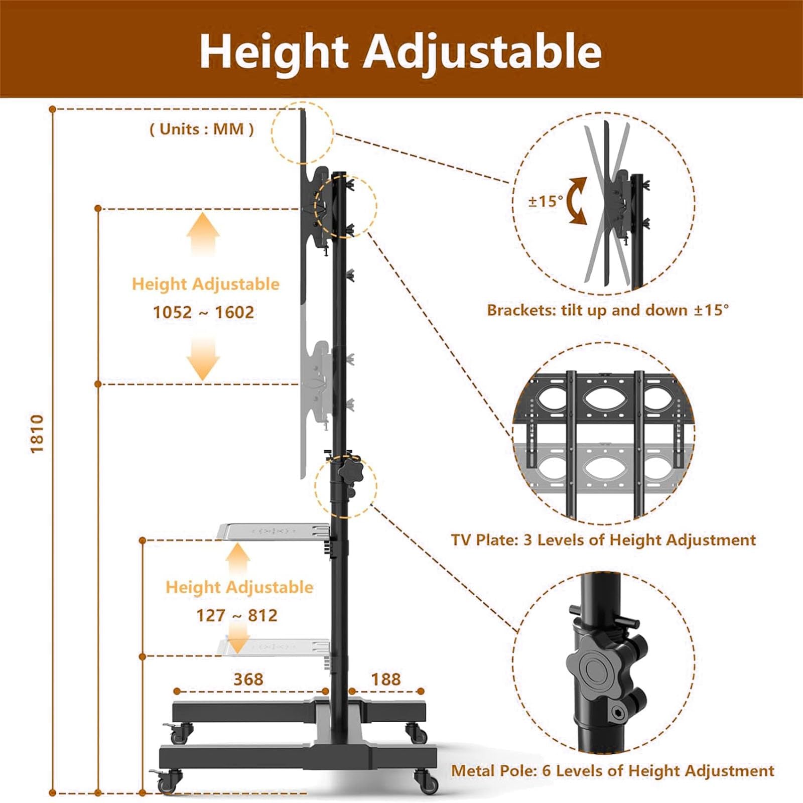 Supporto da pavimento per TV LCD - Carrello TV mobile con ruote, carrello TV regolabile in altezza, per la maggior parte dei televisori piatti e curvi da 32" a 80",