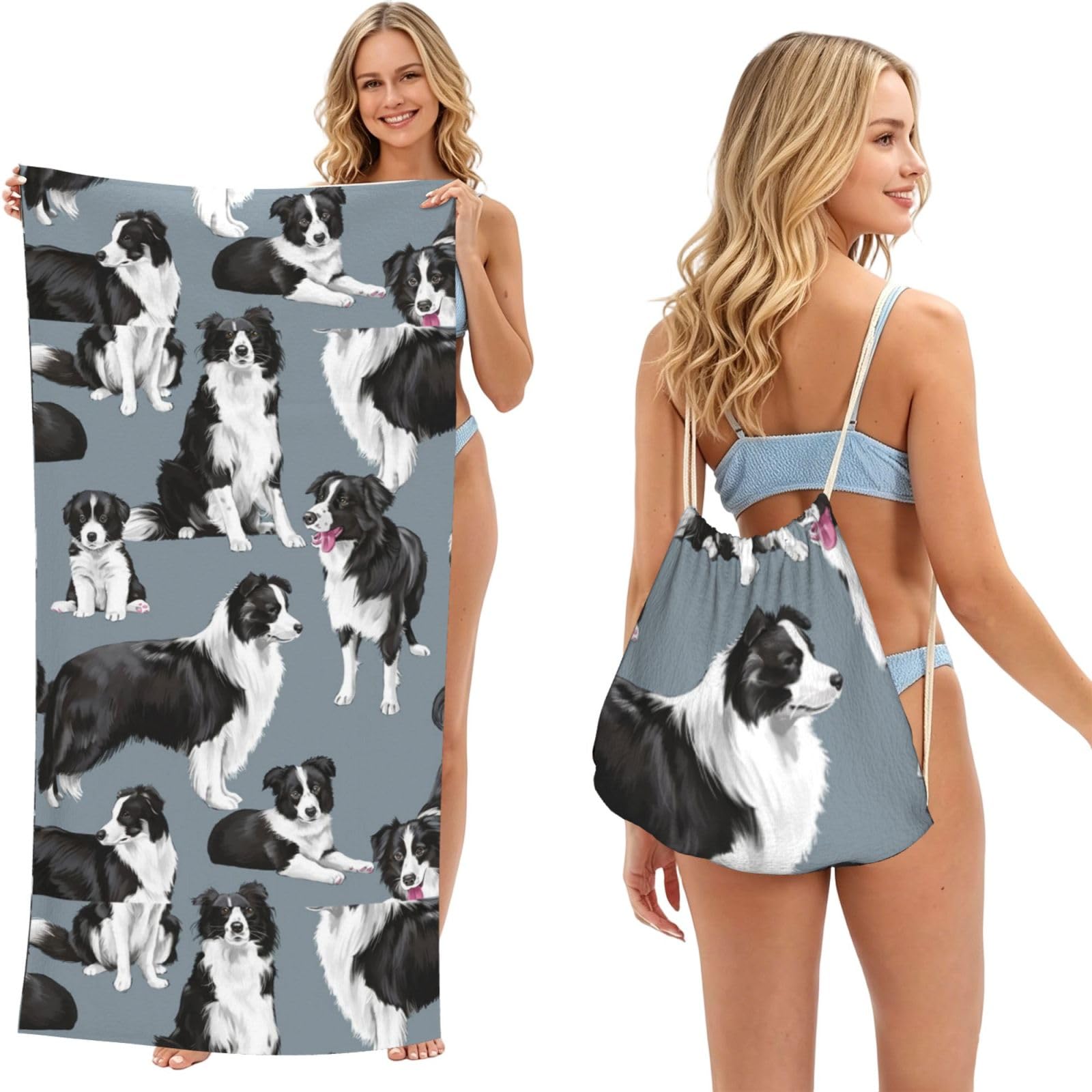 Poadnly As Picture Border Collies Blue, 2 In 1 Packable Towel Bag, Beach Towels With Drawstring Backpack For Travel Holiday Camping