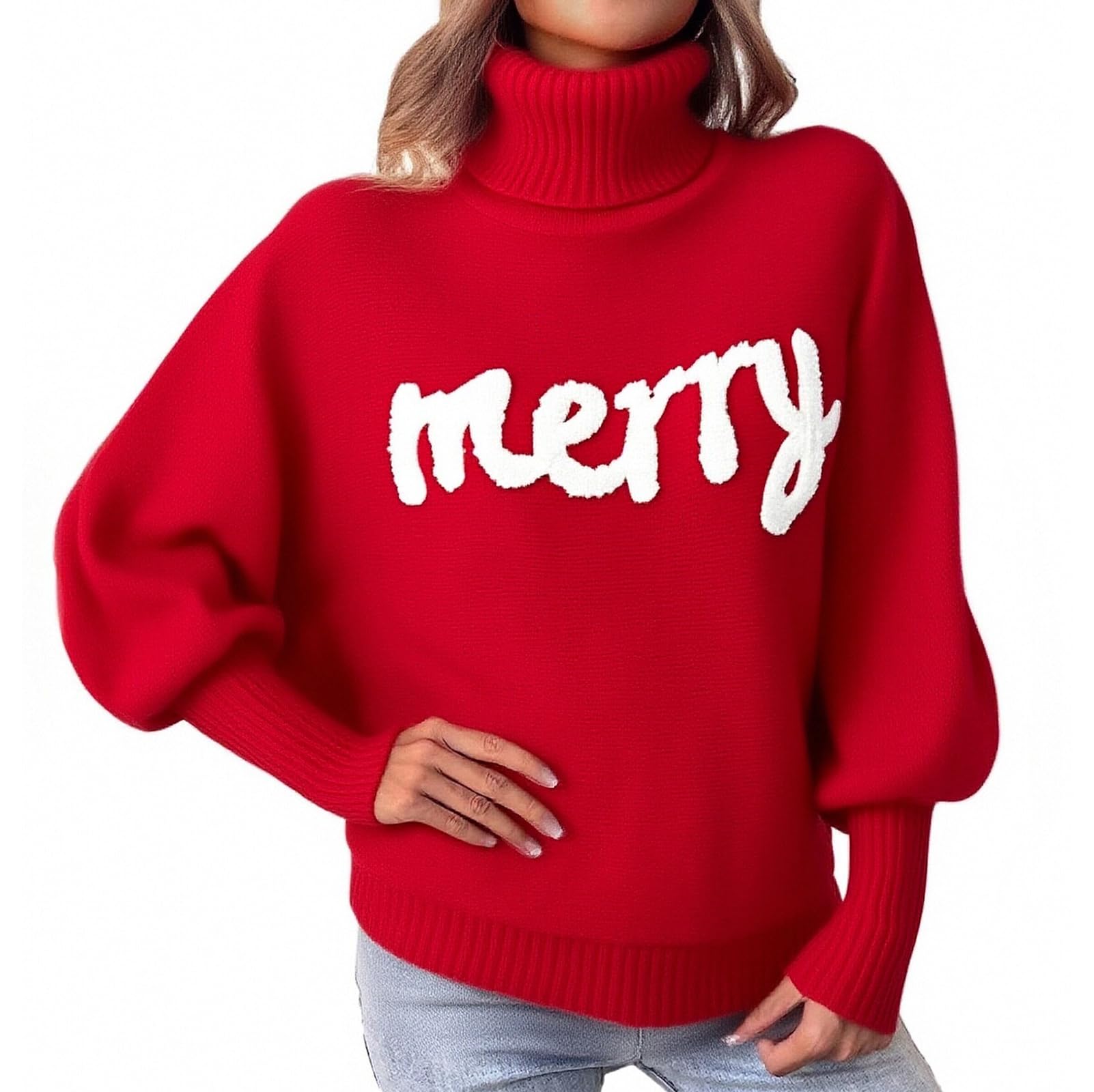 Merry Christmas Sweater for Women 2025 Long Batwing Sleeve Turtleneck Oversized Pullover Jumper Fall Winter Tops