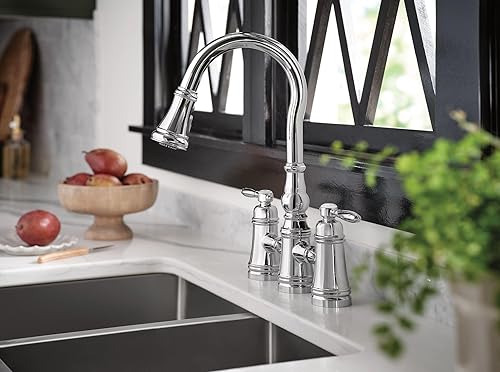 Miniatura 8 de Moen S73204 Weymouth - Grifo de cocina con puente abatible de dos manijas, cromado