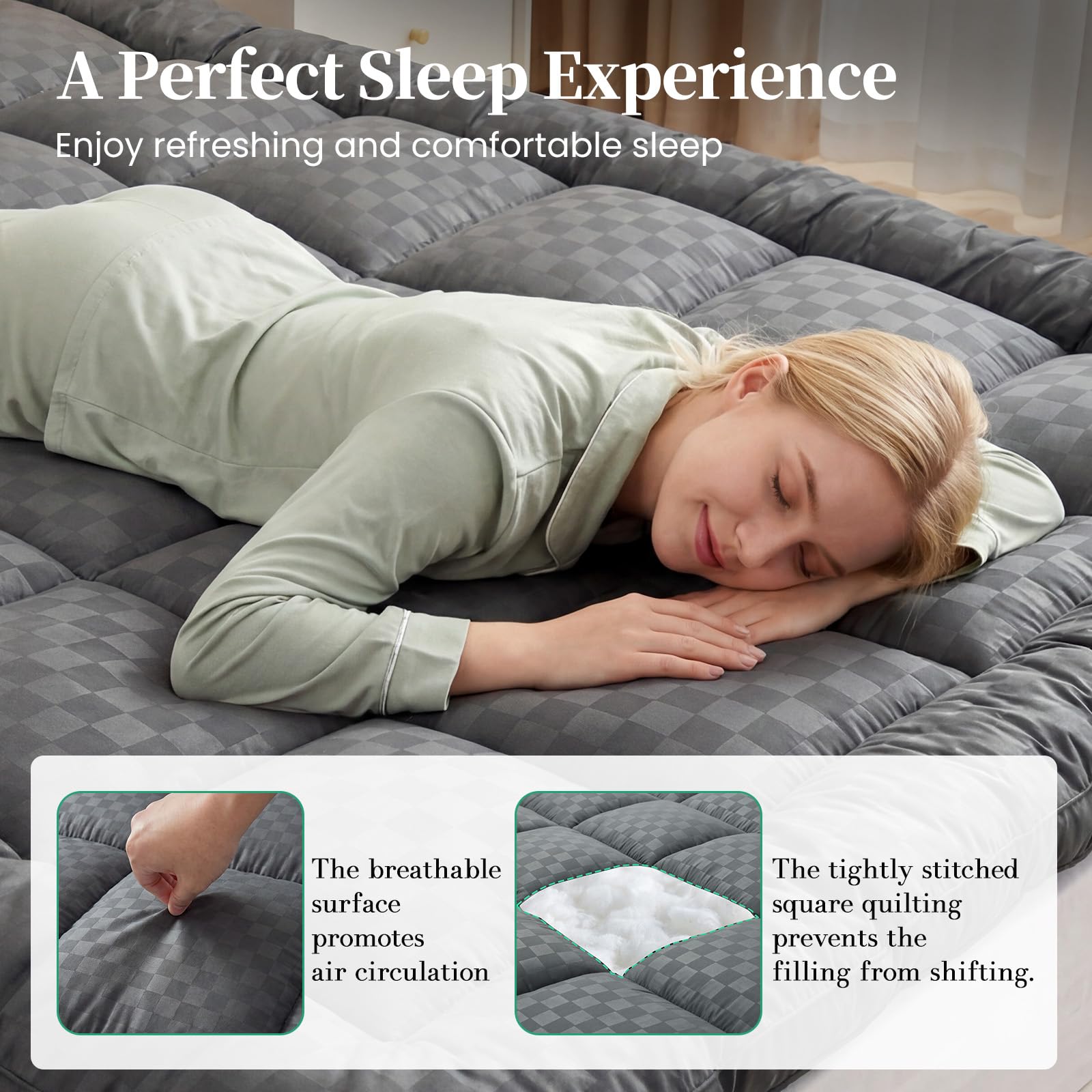 Surmatelas 180x200cm Protège Matelas en Microfibre Respirant, 1000GSM Surmatelas Hypoallergénique avec Sangles Élastiques, Gris