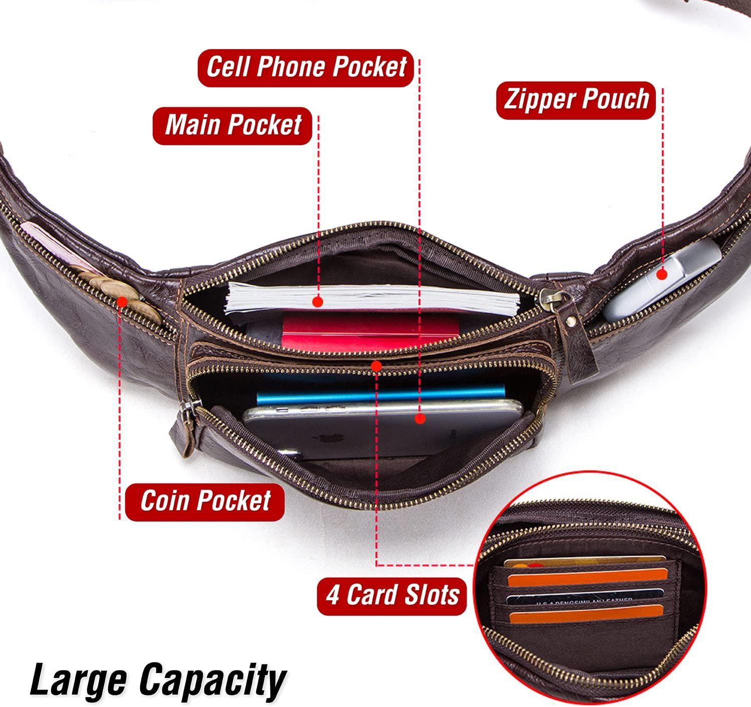 Top Grain Genuine Leather Slim Waist Pack for Man & Woman, Vintage Design & 4 Zipper Pockets & Adjustable Strap, Handmade, Large Capacity Fanny Pack Crossbody Belt Bag for Travel or Ride, Dark Coffee