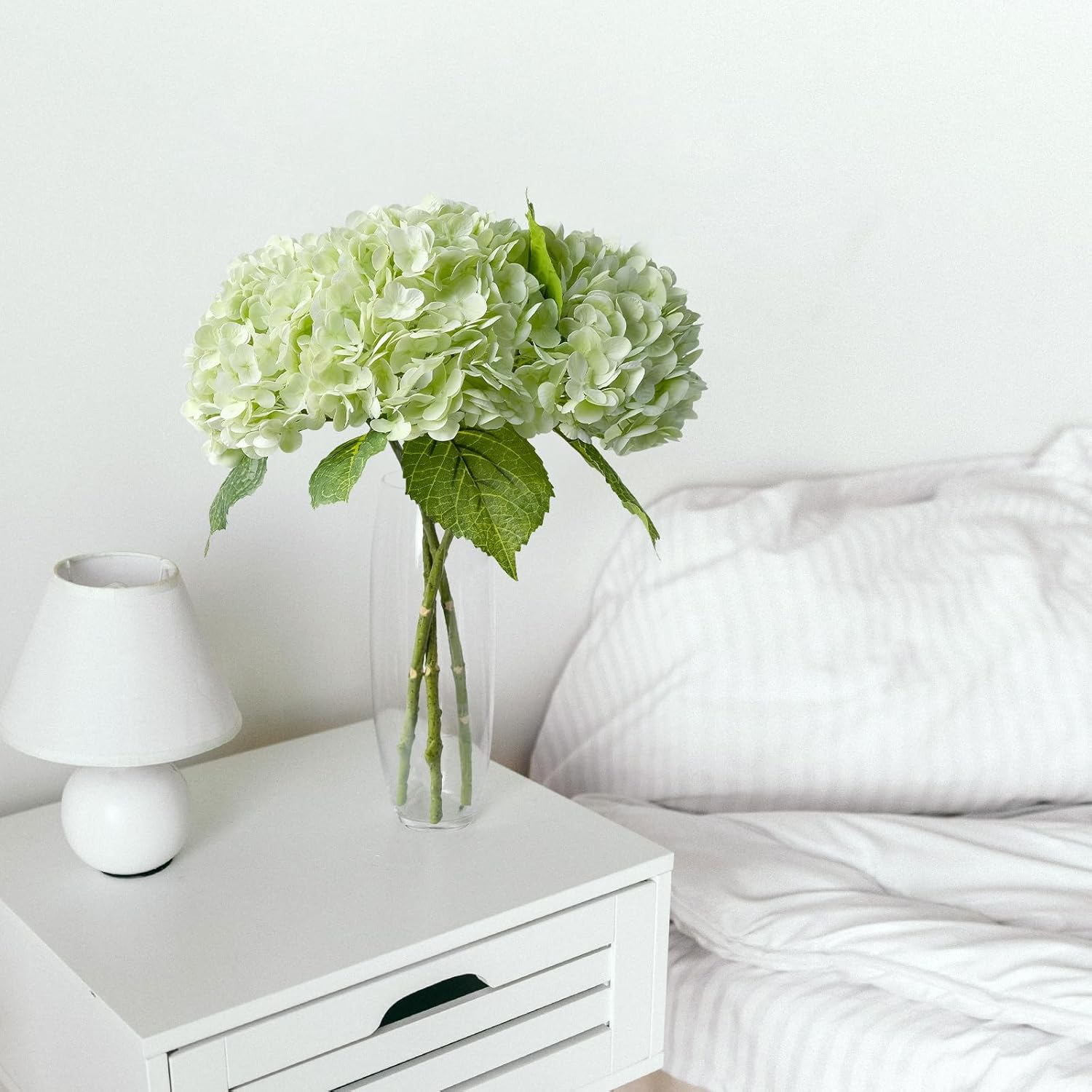 ZYTUYO 3 PCS Light Green Silk Artificial Hydrangea Flowers 21" Faux Large Real Touch Latex Floral Head with Long Stems Leaves for Wedding Home Kitchen DIY Bouquet Bride Decor