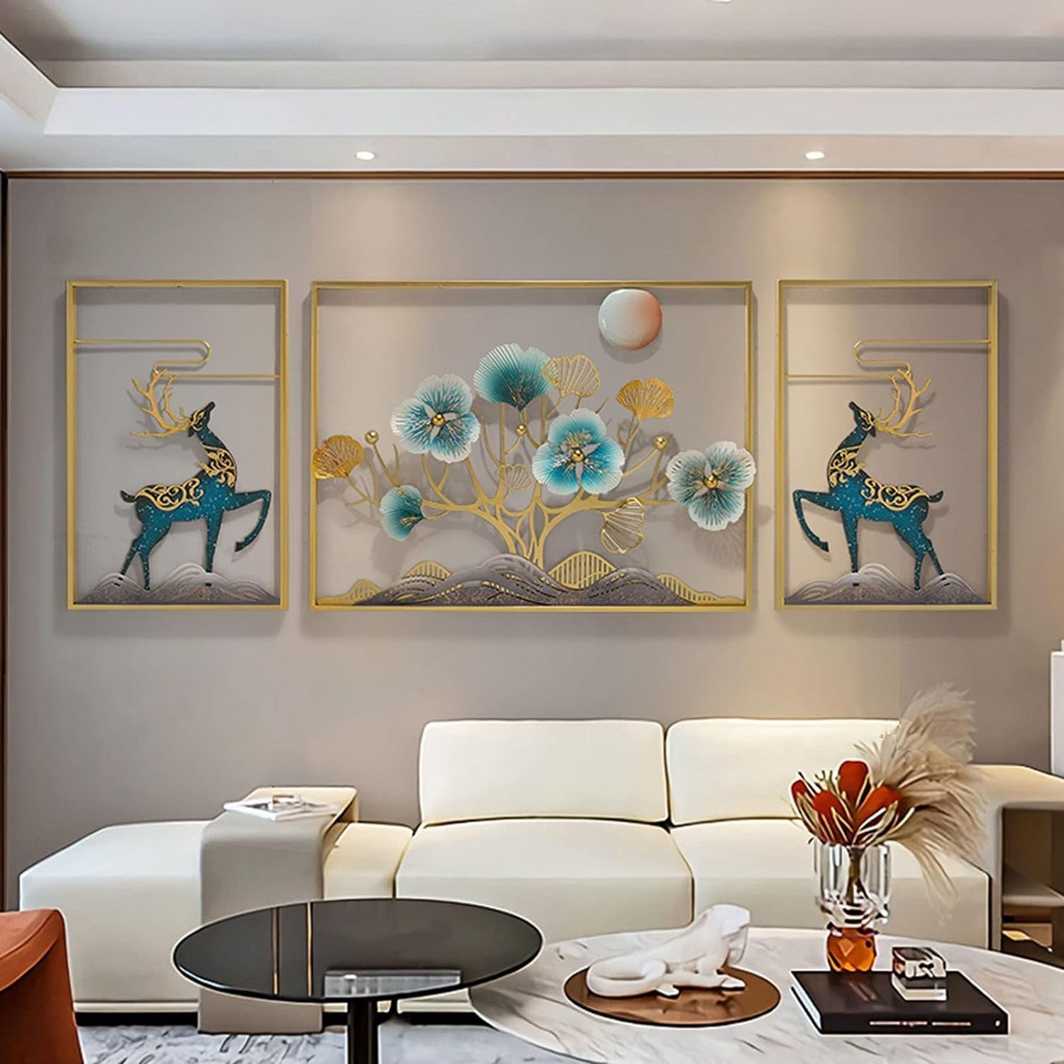 Vnook Set of 3 Ginkgo Leaves and Deer Metal Wall Decor, Large Handmade Metal Wall Art Sculpture, Decor Gift for Housewarming[Energy Class A],180x60cm