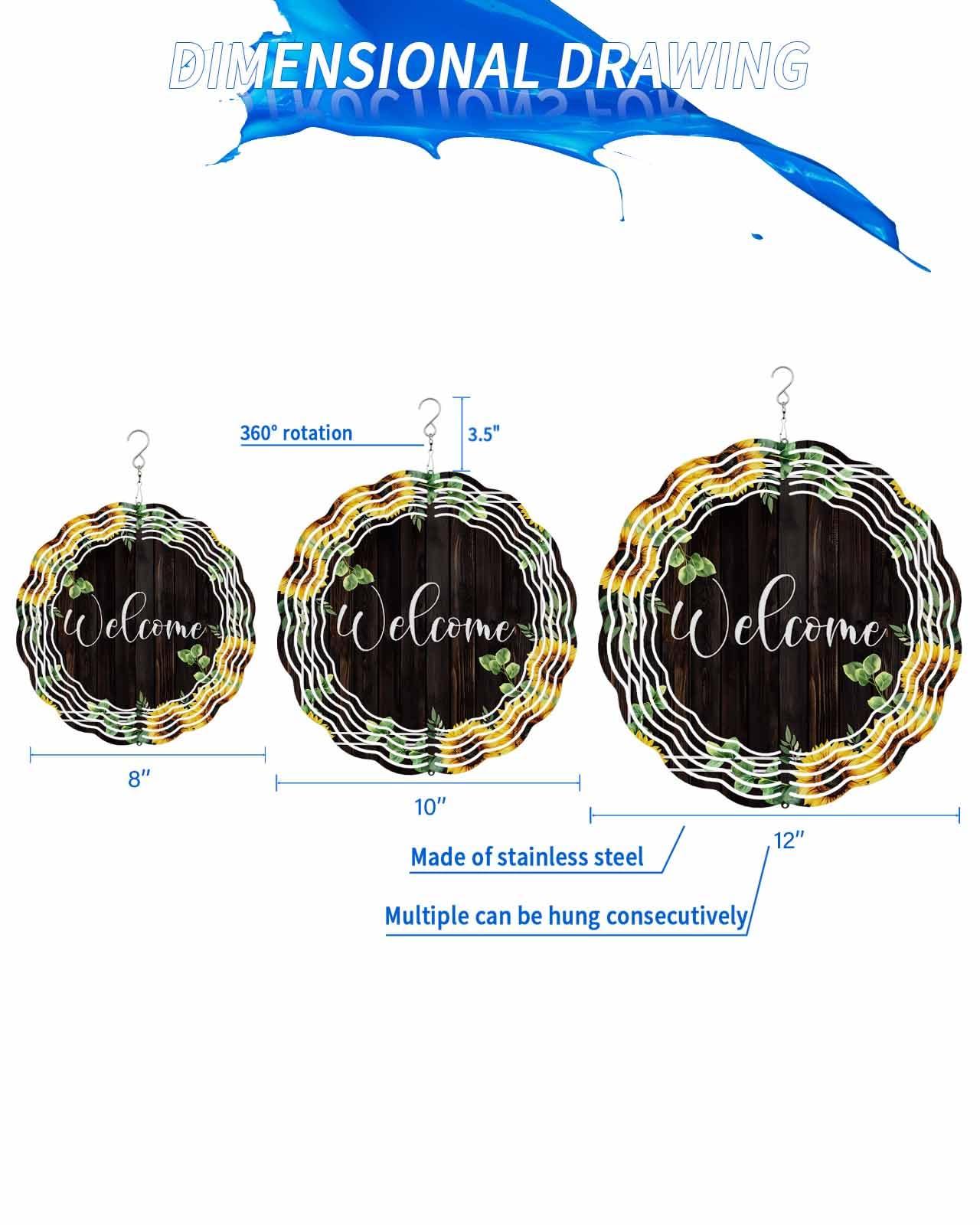 Sunflower Wind Spinners, Eucalyptus Leaves Wood Grain Hanging Wind Spinners for Yard and Garden 3D Stainless Steel Metal Sculptures Crafts Ornaments 10 Inch