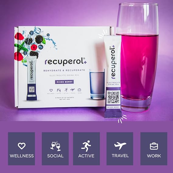 Recuperol Electrolytes Sachets - Rehydration Electrolytes Powder with Zinc, Vitamin C, B12, D3 & Potassium for Hydration - Sugar Free, Vegan & Low Calorie - Mixed Berry 6 Pack