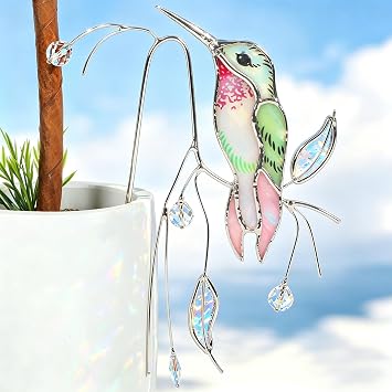 Hummingbird Stained Glass Suncatcher Hanging Decor, Plant Stakes Stained Glass Hummingbird Suncatcher, Garden Stakes Crystal Suncatcher, Hummingbird Decor Gifts for Women Mom