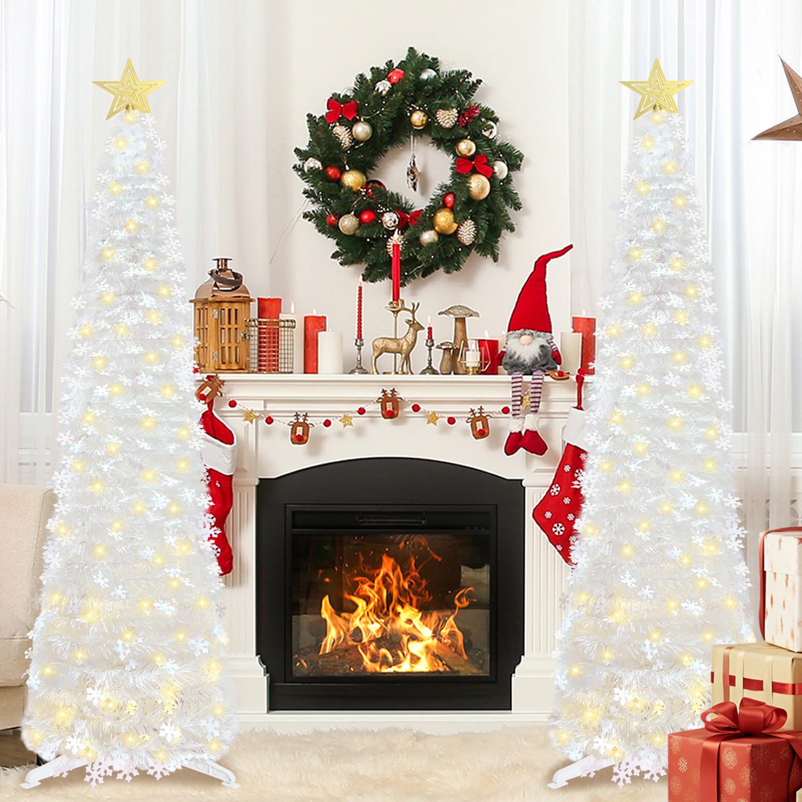 HMASYO Sapin de Noël pop-up de 1,5 m avec lumières minuterie, sapin de Noël blanc avec flocons de neige, sapin de Noël artificiel pliable pour la maison, le bureau, assemblage facile