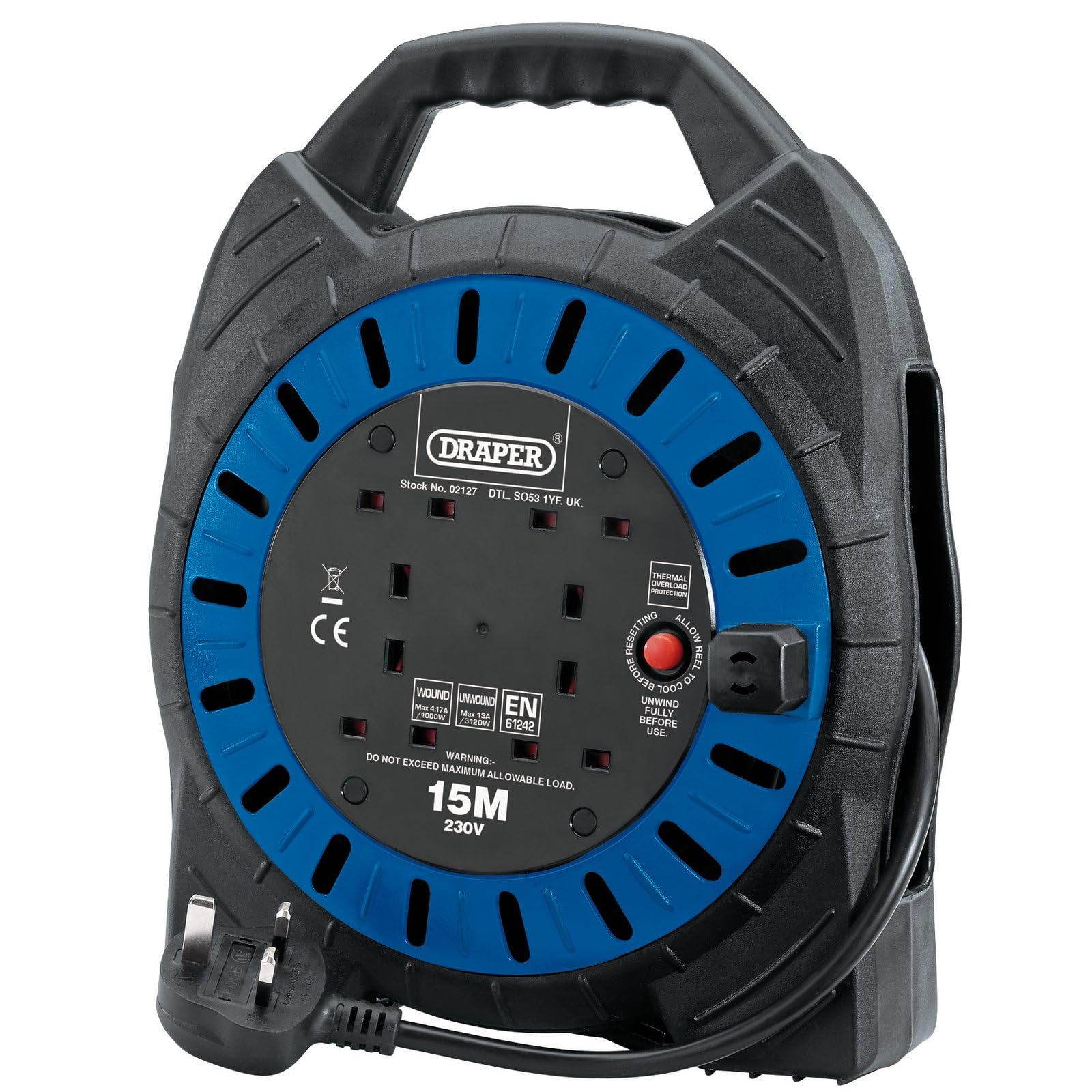 Carrete de cable Draper 02127 con cuatro enchufes de 230 V y 15 metros